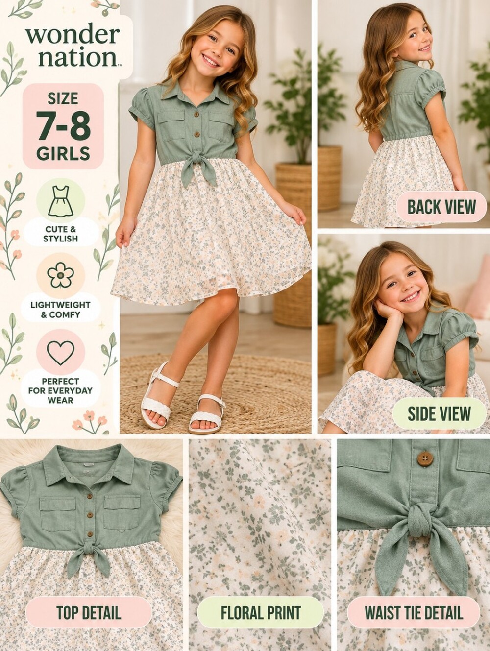 Wonder nation girls 7-8 green floral dress #01